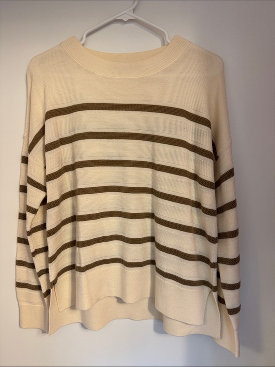 Comptoir Des Cotonniers Sweaters - Comptoir Des Cotonniers Cream and Brown Striped Crewneck Sweater